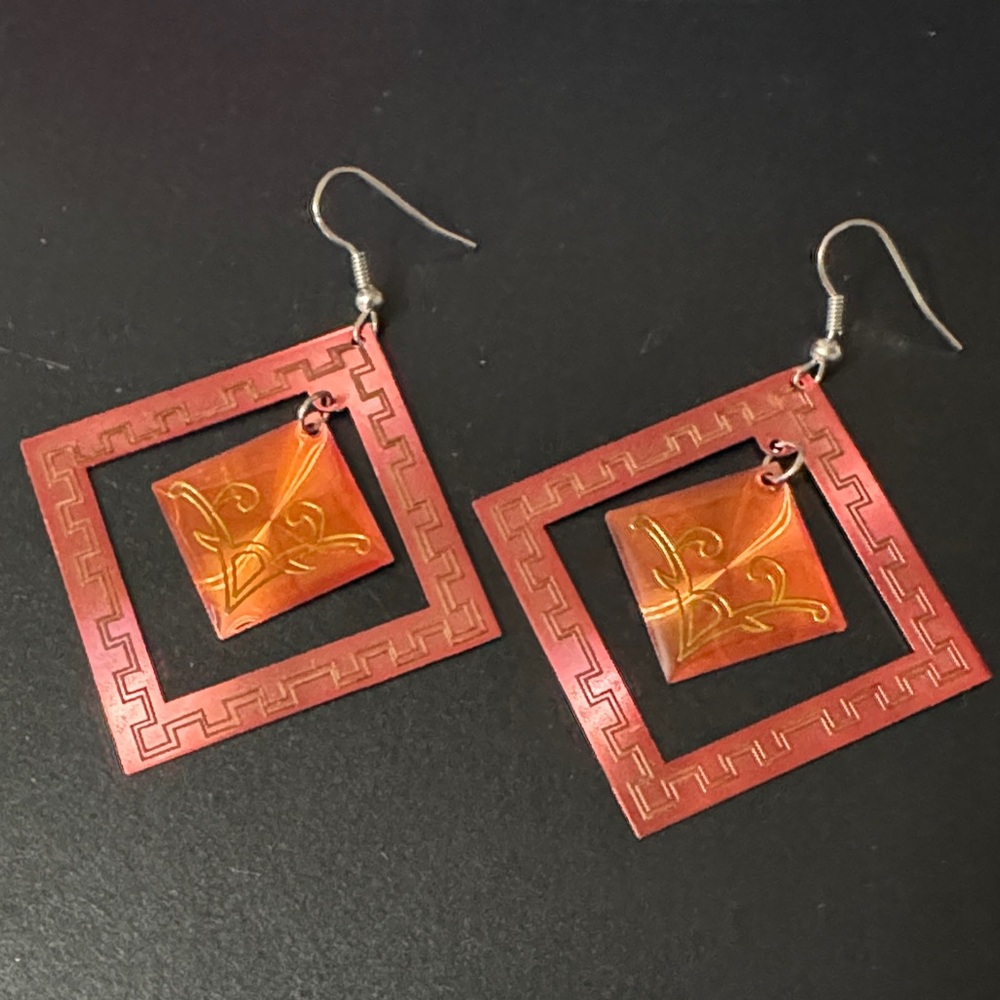 Elegant Orange and Gold Square Earrings